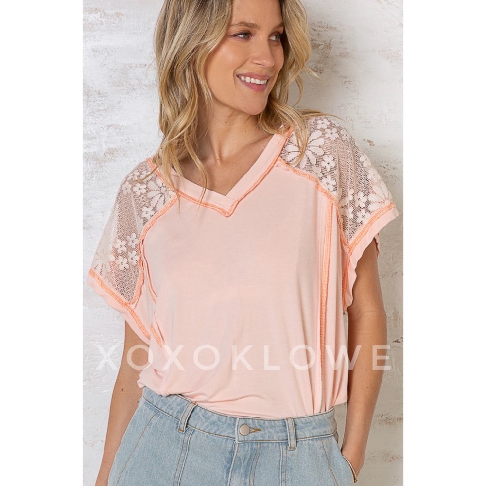 POL Pink Peach Rayon Jersey + Floral Lace Short Sleeve Top Oversized - Picture 5 of 16